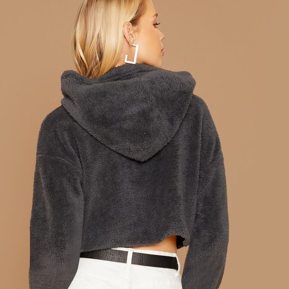 Gray  Crop Teddy Hoodie - Picture 3 of 6